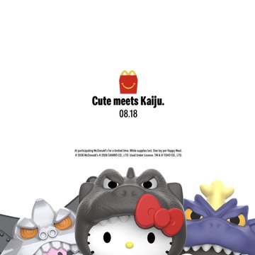 A poster titled 'Cute meets Kaiju' dated 08.18 features Hello Kitty dressed as Totoro alongside Godzilla and other kaiju characters.