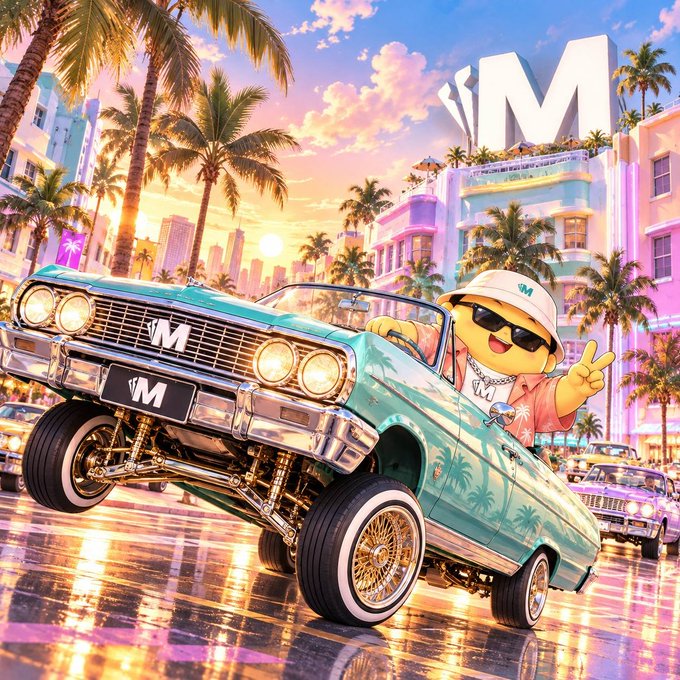 Colorful digital artwork showing an animated duck character driving a lifted turquoise classic convertible with 'VM' branding on a vibrant Miami-inspired street.