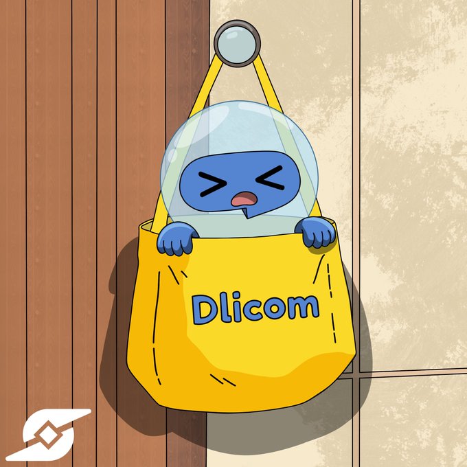 A cartoon illustration of a blue character in a space helmet popping out of a yellow bag labeled 'Dlicom' hanging on a wooden wall.