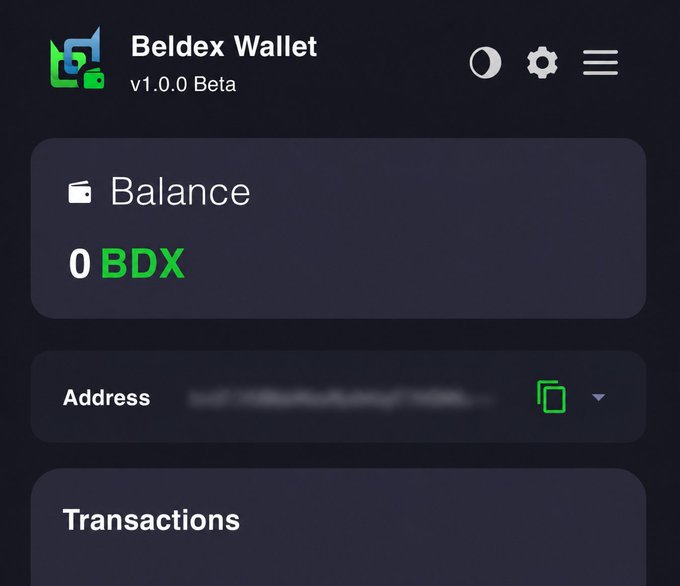 The image shows the Beldex Wallet (v1.0 Beta) interface displaying a balance of 0 BDX, a partially blurred wallet address, and a Transactions section. This aligns with the post by showcasing the unified BeldexCoin ecosystem where users can manage their BDX assets and other functionalities like BNS names and masternode registration within a single Electron-based wallet environment.