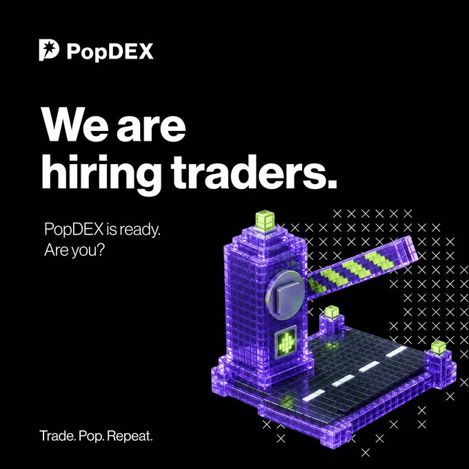 A PopDEX recruitment advertisement with the bold text 'We are hiring traders' and 'PopDEX is ready. Are you?' featuring an isometric 3D illustration of a purple and green trading platform structure.