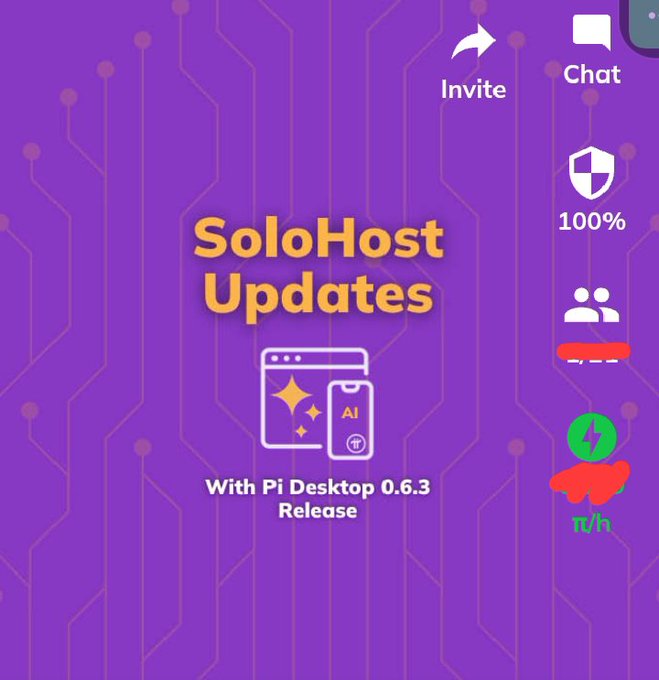 A purple promotional graphic for 'SoloHost Updates With Pi Desktop 0.6.3 Release' featuring icons for invite, chat, security shield, and contacts.