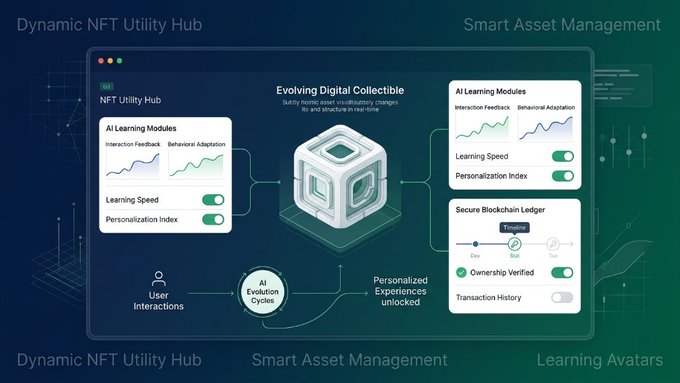 Dashboard interface illustrating a 'Dynamic NFT Utility Hub' and 'Smart Asset Management' with AI Learning Modules and blockchain features.