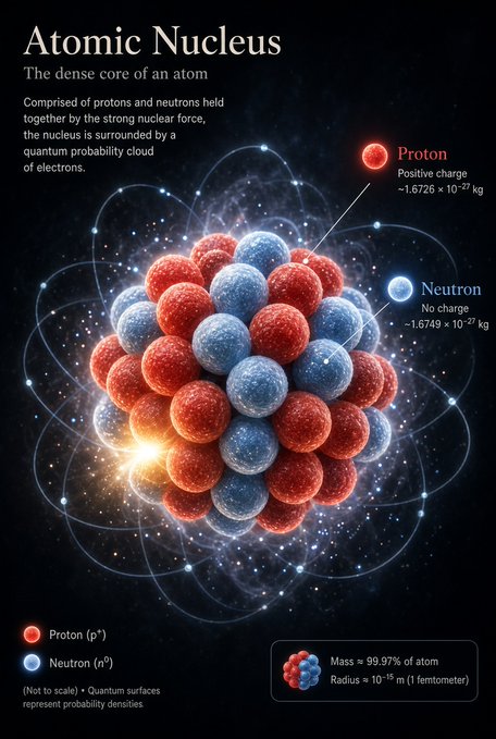 An educational diagram titled 'Atomic Nucleus' illustrating the dense core of an atom with red protons and blue neutrons, including labels for their charges and masses, noting that mass equals 99.97% of the atom.