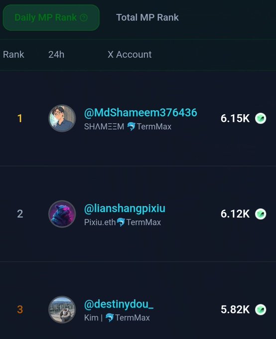 A 'Daily MP Rank' leaderboard showing top three X accounts: @MdShameem376436 (SHAMEEM, 6.15K), @lianshangpixiu (Pixiu.eth, 6.12K), and @destinydou_ (Kim, 5.82K), all using TermMax.