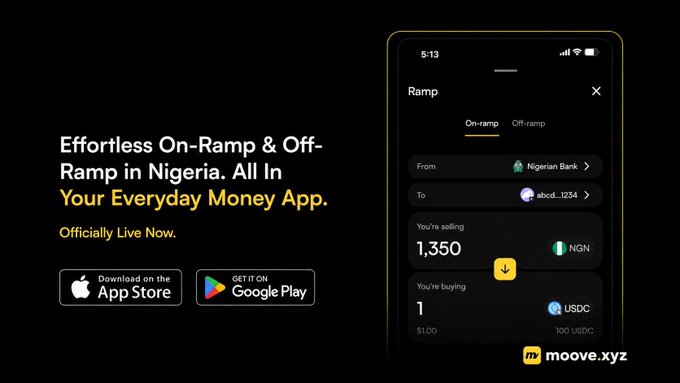 An advertisement for 'moove.xyz' promoting effortless on-ramp and off-ramp crypto services in Nigeria, showing a conversion from 1,350 NGN to 1 USDC via a Nigerian bank.