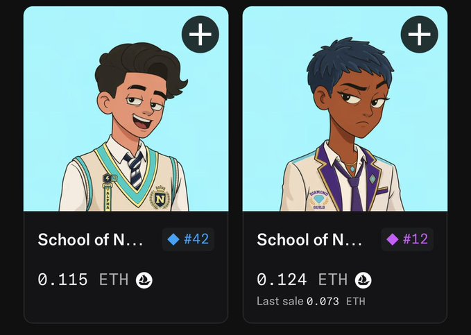 Two NFT character cards titled "School of N..." are displayed, showing listings priced at 0.115 ETH (#42) and 0.124 ETH (#12, last sale 0.073 ETH), supporting the post's claim of two rares on the floor with a holding floor price.