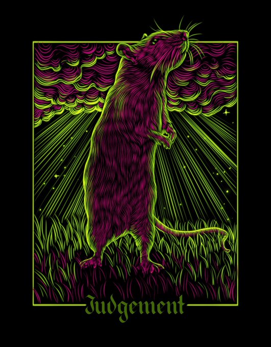 A neon green and magenta tarot card style illustration of a rat standing on its hind legs with the word 'Judgement' at the bottom.