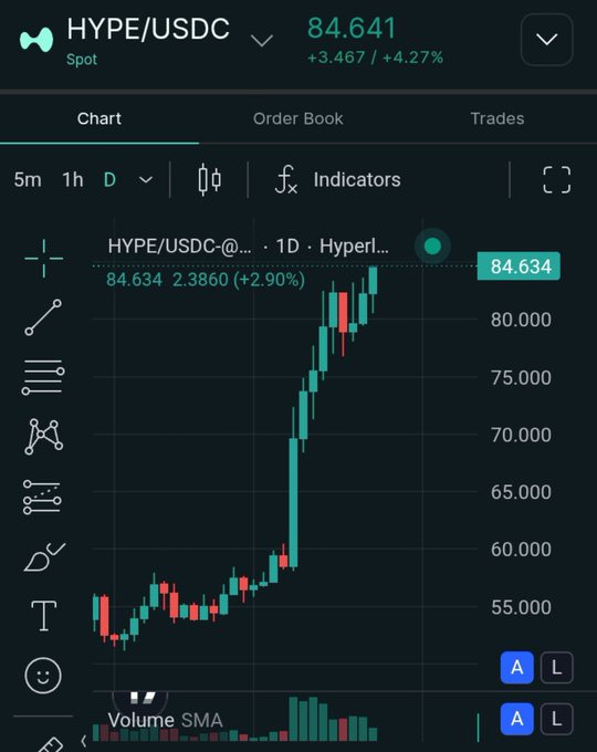 Trading chart showing HYPE/USDC Spot pair at 84.641, up +4.27%, displaying candlestick price action and volume indicators.