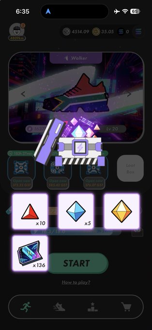 A Step App fitness gaming interface showing a sneaker NFT character at Level 20, with various collectible items like gems and tickets, and a START button for gameplay.