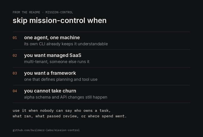 A dark-themed informational graphic titled "skip mission-control when" lists four scenarios, including "one agent, one machine" and "you cannot take churn," with a link to github.com/Builderz-labs/mission-control.