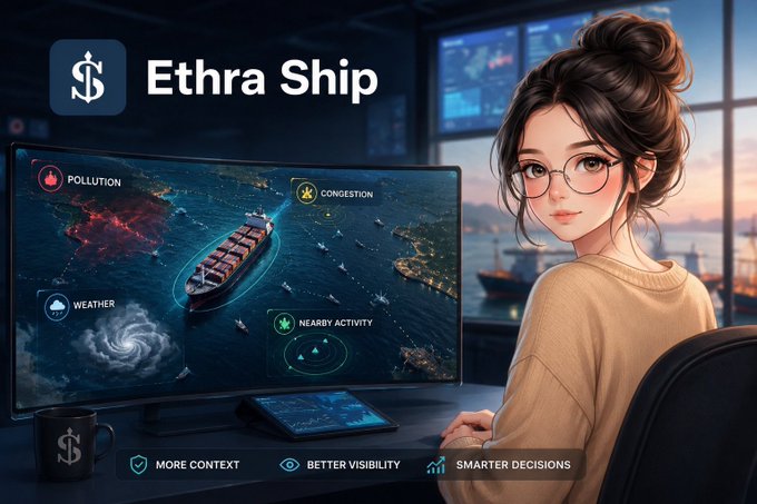 An anime-style illustration of a woman with glasses at a monitor displaying 'Ethra Ship' with pollution, weather, and navigation data.