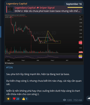 A Telegram channel post titled 'Legendary Capital' dated September 16 discussing a trading setup for the TON token, featuring a TradingView chart of the AMUSE_TD ticker on a sniper signal.