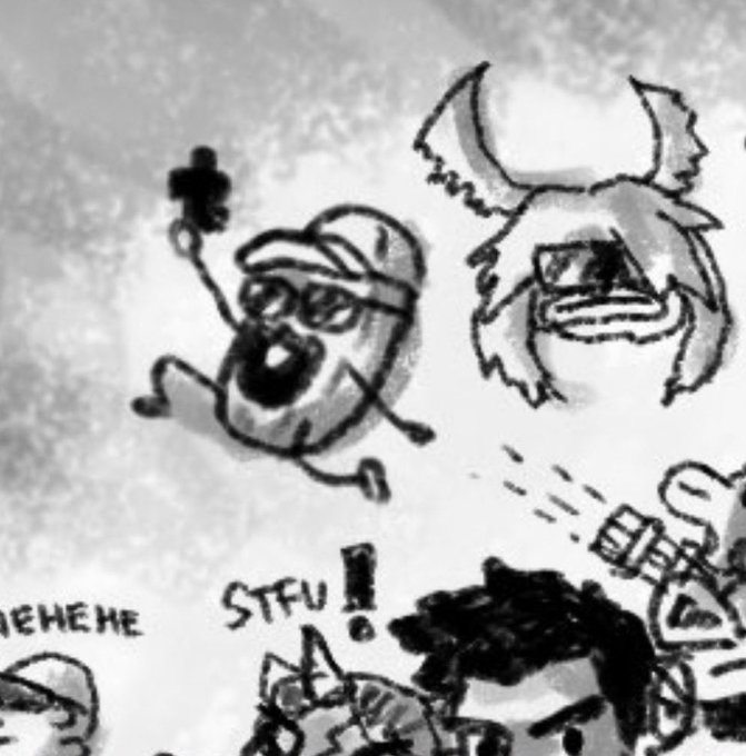A black and white doodle drawing showing cartoonish figures, including one wearing sunglasses labeled "STFU!" and others shouting with text like "HEHE HE".