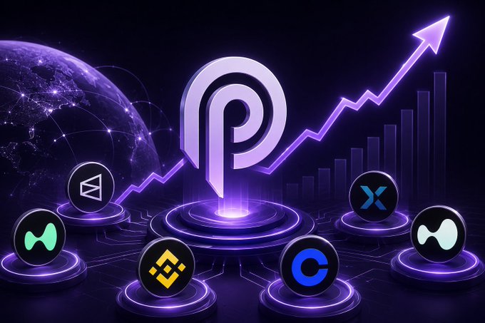 The image features a purple backdrop with a graph or chart rising into the air, symbolizing an increase in market activity. A series of six different cryptocurrencies, each represented by a unique icon below the main graph, are arranged in a line on either side of the main graph. The logos displayed include "Pyth", "Perps", "Web3", and "Forex". These icons may represent various tokens or coins that Pyth Network is powering markets with. The image also contains text that reads: 
"Pyth network powers markets from Polymarket to Coinbase, Binance, TradeXYZ & Hyperliquid—revenue keeps moving up as adoption grows across prediction and perpetual markets."