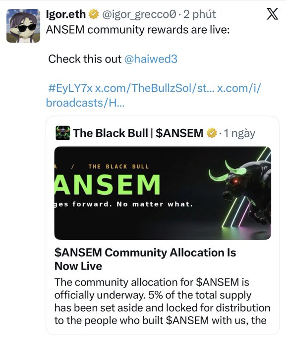 A Twitter/X post from @igor_grecco0 announcing $ANSEM community rewards are live, featuring a link about $ANSEM Community Allocation with 5% of total supply.