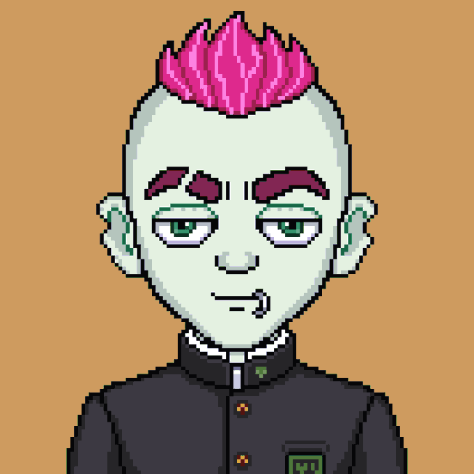 A pixel art illustration of a character with mint-green skin, pink flame-like hair, maroon eyebrows, and green eyes, wearing a black high-collar uniform with a small emblem.