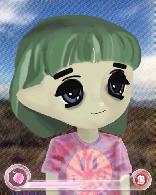 A 3D animated character with green hair, big eyes, pointed ears, and a tie-dye shirt featuring a smiley face design.