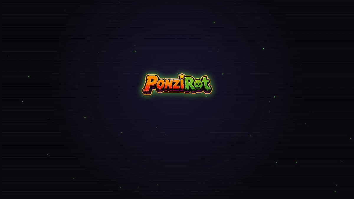 The image features an advertisement for a trading platform called Ponzirrot. The background has a dark blue color with neon yellow and green accents resembling stars and particles scattered throughout. In the center of the photo, the word "Ponzirrot" is prominently displayed in bold white letters against this vibrant backdrop. Below the text, there are some notes that discuss improvements made to the Ponzirrot platform and the need for clients to confirm the changes. There's also a reference to the term "flop" being used in relation to the platform. The overall atmosphere of the image is energetic and eye-catching.