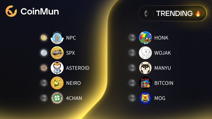 A CoinMun 'TRENDING' cryptocurrency list ranking NPC, SPX, ASTEROID, NEIRO, and 4CHAN at the top, followed by HONK, WOJAK, MANYU, BITCOIN, and MOG.