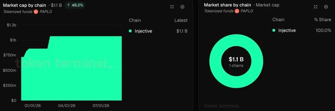 The image displays two Token Terminal charts for Pineapple Financial (ticker: PAPI.O), showing a market cap by chain of $1.1B (up 48.2%) entirely on Injective, with 100% market share across one chain. This visualizes the claim that Pineapple Financial has placed over $1 billion in tokenized mortgage records on Injective, with the chart confirming the full onchain allocation to the Injective network.
