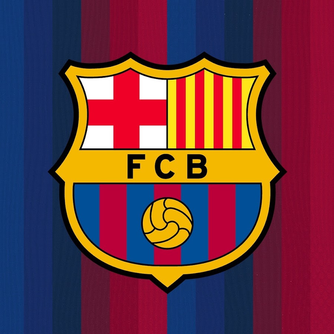 The FC Barcelona (FCB) crest featuring the St. George's Cross, Catalan stripes, and club initials, displayed over a background of blue and claret vertical stripes.