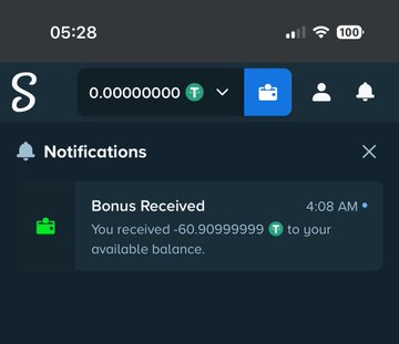 A screenshot of a notifications panel shows a "Bonus Received" alert at 4:08 AM indicating -60.90999999 (marked with a T ticker) was added to the available balance, humorously captioned "— chaiiii" likely referencing the small tea-like bonus amount.