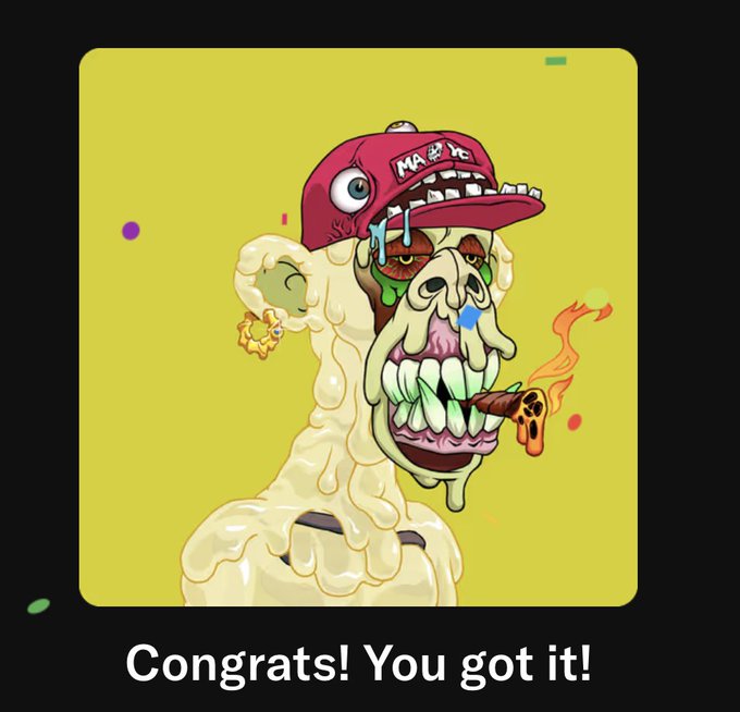 A cartoonish illustration of a grotesque melting face wearing a 'MA☺YK' cap and holding a slice of pizza appears above the text 'Congrats! You got it!'.