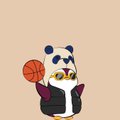 A simple cartoon panda holding a basketball with the text 'panda' on a beige background.