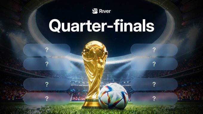 A World Cup-style tournament bracket graphic titled 'River Quarter-finals' featuring the World Cup trophy and ball, with placeholder '?' slots in a stadium setting.
