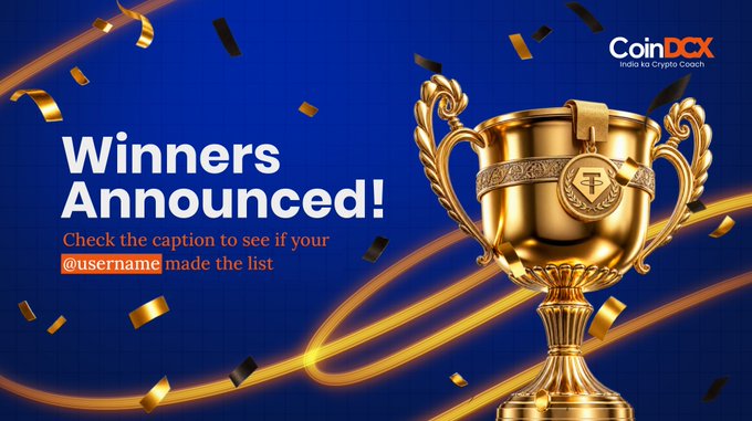 The image is a promotional banner from CoinDCX featuring a large gold trophy on a blue background with confetti and the text "Winners Announced! Check the caption to see if your @username made the list." It ties to the post by celebrating contest winners who chose their preferred way to own gold (physical or tokenized XAUT), with @harshaljain89 announced as a recipient of ₹1,000 worth of tokenized gold.