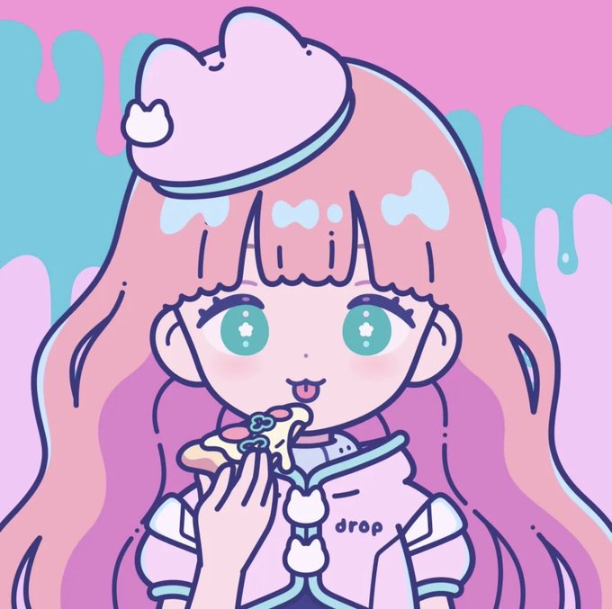 An anime-style illustration of a cute girl with long pink hair wearing a heart beret, holding a small creature, set against a pastel pink and blue background with the text 'drop' on her shirt.