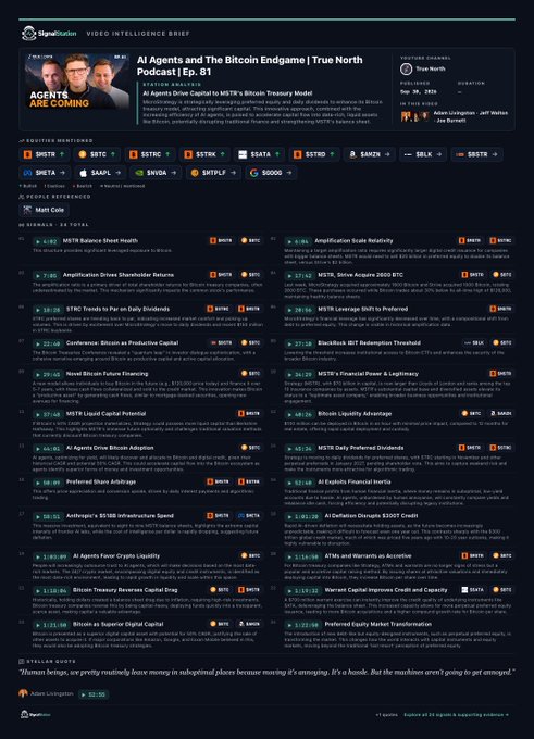 A SignalPlus 'Video Intelligence Brief' newsletter detailing cryptocurrency news and market analysis, featuring a podcast titled 'AI Agents and The Bitcoin Engame | True North Podcast | Ep. 81'.