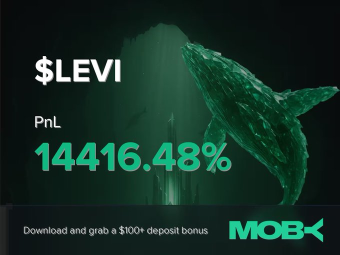 A green-themed promotional graphic for Moby features a large whale illustration and the text "$LEVI" alongside a PnL of "14416.48%," visually highlighting the trader's +14,416.48% profit claim mentioned in the post.
