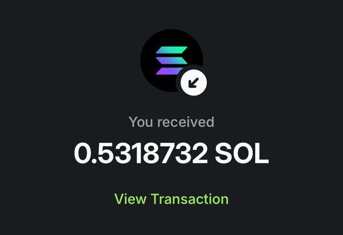 A notification screen showing a received cryptocurrency payment of '0.5318732 SOL' with a 'View Transaction' link and the Solana logo.