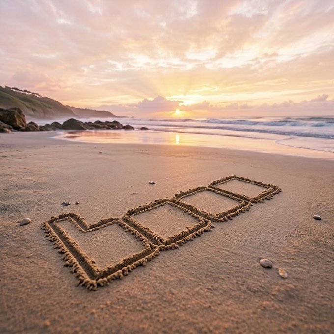 The word 'MOOD' is written in the sand on a beach at sunset, with golden light reflecting on the wet shore and waves visible in the background.