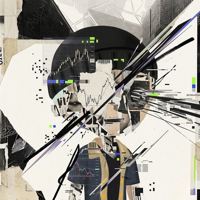 A collage-style artwork depicting a stylized figure overlaid with stock market charts, candlestick graphs, scattered data points, and bold black brush strokes.