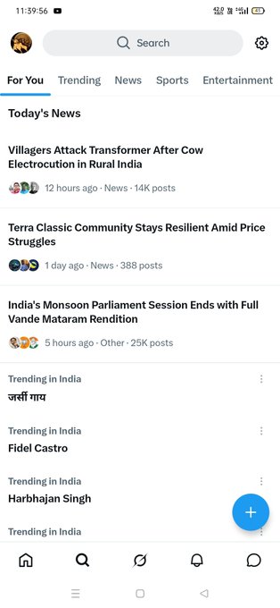 A mobile app screenshot showing a 'For You' news feed with sections for 'Trending', 'News', 'Sports', and 'Entertainment'. Today's News includes headlines like 'Villagers Attack Transformer After Cow Electrocution in Rural India' and trending topics such as 'Fidel Castro' and 'Harbhajan Singh'.