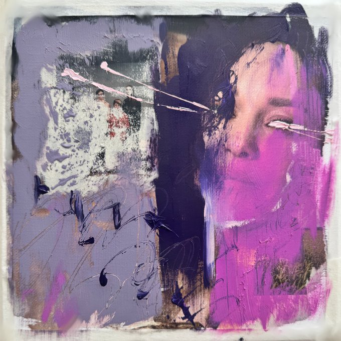 An abstract painting featuring a pink-toned face profile on the right, dark purple and blue tones, and a faded family photograph on the left.