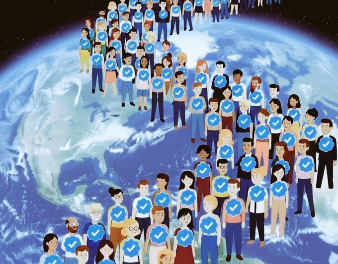 A crowd of cartoon people, each with a blue checkmark, is depicted as following the curve of the Earth. This visual reinforces the accompanying post's message of "massive gains" and a following community.