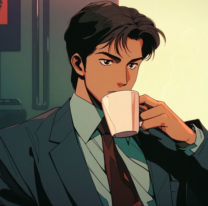 An anime-style illustration of a serious young man in a dark suit and tie drinking from a white coffee mug.