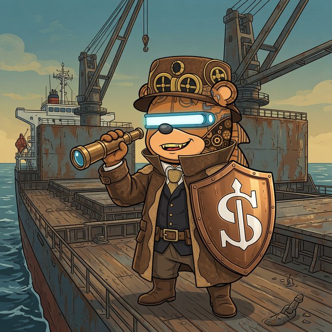 An illustrated anthropomorphic bear character wearing steampunk goggles, a top hat with gears, a brown trench coat, and holding a telescope and a shield with a dollar sign, standing on the deck of a ship.
