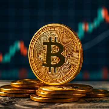 A golden Bitcoin coin sits atop a stack of similar coins with a blurred candlestick chart in the background displaying an upward trend, visually illustrating Bitcoin's strong 28% two-year gain compared to the steep 74% decline of the median mid-cap altcoin referenced in the report.