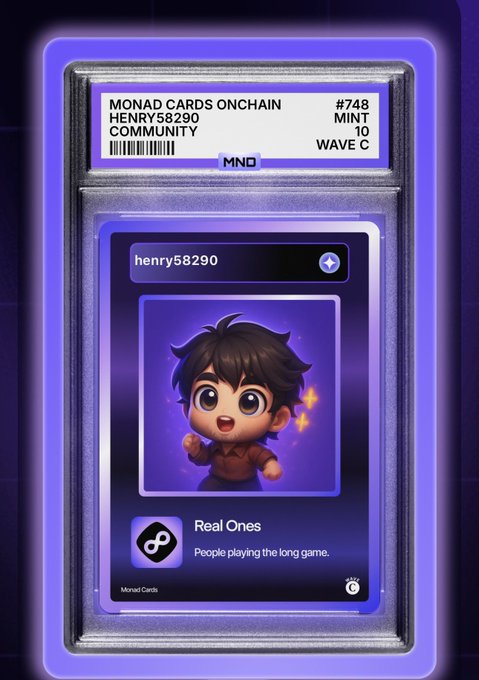 A digital Monad Cards Onchain collectible card (#748, "MINT 10, WAVE C") belonging to user "henry58290" in the Community section, featuring a chibi-style character and labeled "Real Ones - People playing the long game." The card visually represents the soulbound NFT the user has claimed, which cannot be sold or transferred, serving as a unique onchain identity badge.
