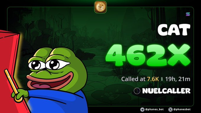 A cartoon frog character holds a red flag alongside text reading 'CAT 462X Called at 7.6K | 19h, 21m NUELCALLER' in a green-themed meme graphic.