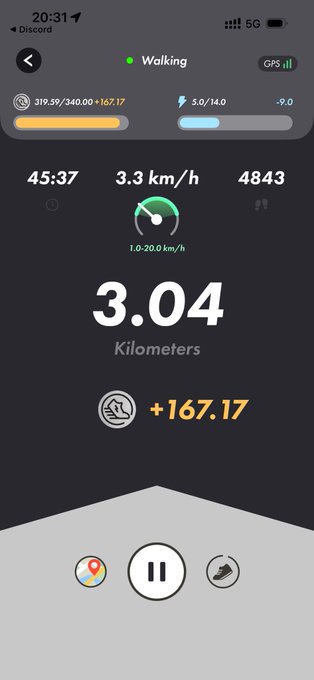 A fitness app shows a walking workout in progress: 45:37 elapsed, 3.3 km/h pace, 4843 steps, and 3.04 kilometers covered, with +167.17 elevation gain. The image illustrates the poster's point about approaching a daily step goal, as they appear close to hitting 34,000 steps for the day.