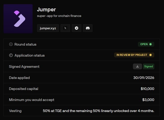 A funding application dashboard for 'Jumper' (super-app for onchain finance) shows the round status as open and application in review, with deposited capital of $10,000.