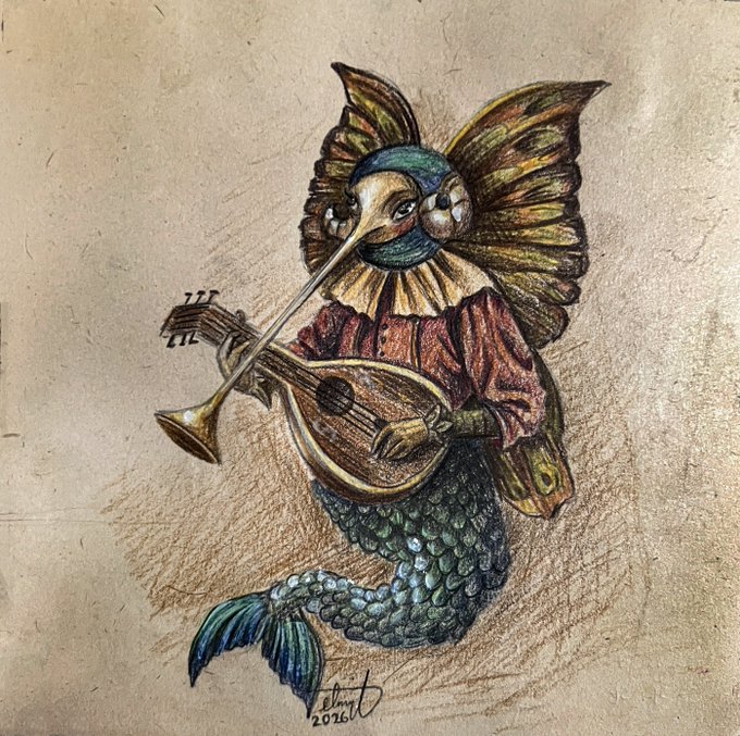 A detailed colored pencil illustration of a whimsical anthropomorphic creature with butterfly wings playing a lute and trumpet, signed '2026'.
