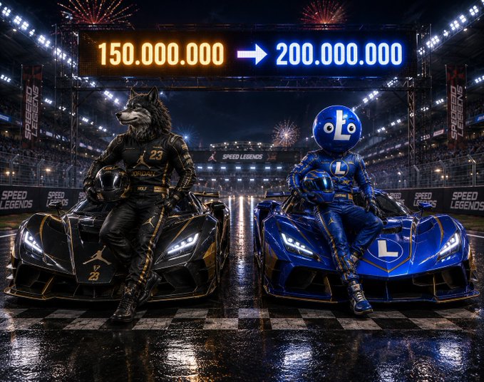 A celebratory promotional image for LitecoinVM showing a racetrack finish line with two costumed mascots—a wolf and a blue helmeted figure labeled "L"—seated on sports cars beneath a scoreboard displaying "150,000,000 → 200,000,000," symbolizing the project's milestone of 150 million transactions as it races toward a new target.