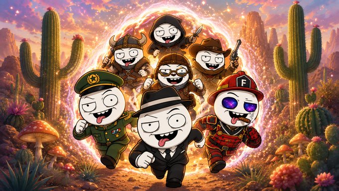 A vibrant illustration featuring cartoon characters dressed as a viking, cowboy, military officer, firefighter, and mobster in a desert setting with cacti and a portal.